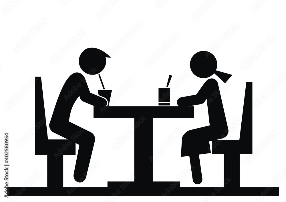 Fototapeta premium two people sitting in a restaurant, black silhouette, vector icon