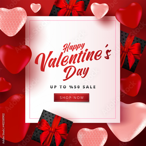 Valentine's day sale poster or banner with many sweet hearts and black color gift boxes on red color background. Promotion and shopping template or for love and valentine's day.