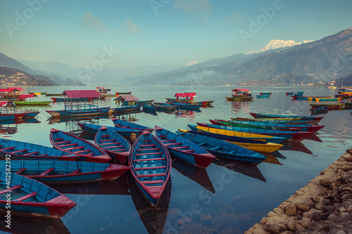 Boats and Fewa Lake at pokhara, Nepal.