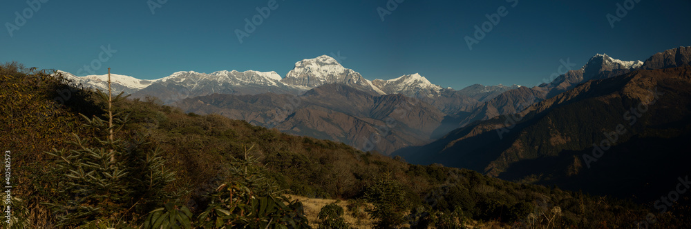 Himalayan mountain Dhaulagiri peak during sunrise, Nepal.