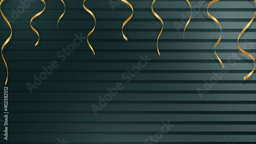 Striped dark green realistic metallic or glossy wood background with gold serpentine ribbons. Vector.