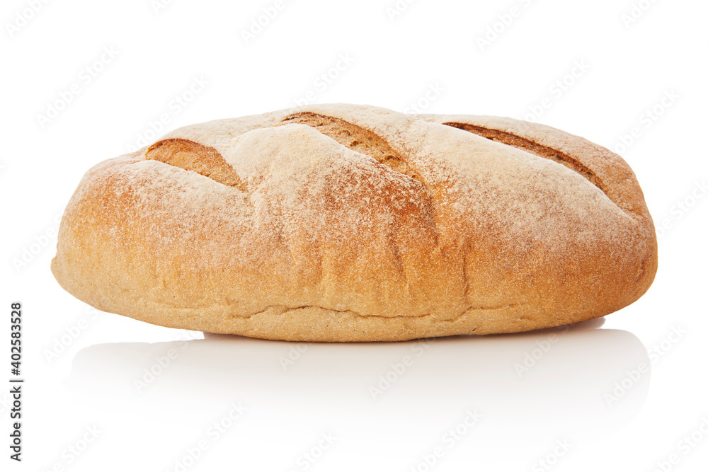 long loaf of whole wheat bread on white background.