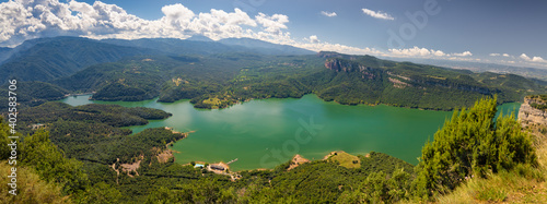 Complete panoramic view of the Sau reservoir from the cliffs of Tavertet, Catalonia, Spain