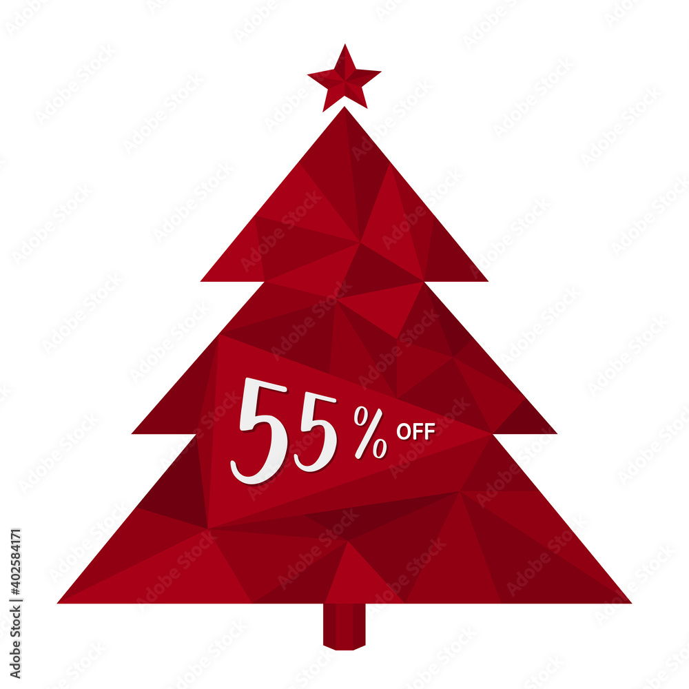 55% OFF. Fifty five percent discount. Trend triangle 3D Red Christmas Tree. Handwritten calligraphic Numbers. For Christmas, New Year, winter SALE banner, web, flyer, label, print, poster, card.