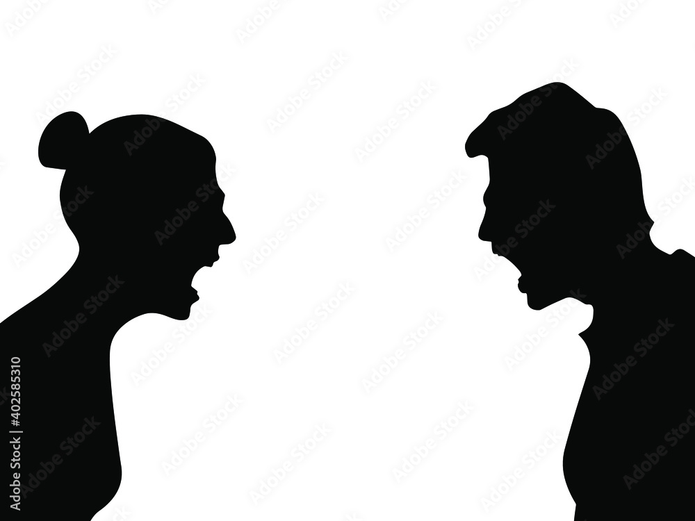 Silhouette of a married couple. Arguing people. Yelling at each other. Showdown. Defending your point of view. Misunderstanding, swearing. Conflict. Silhouette of a married couple. Arguing people. Yelling at each other. Showdown. Defending your point of view. Misunderstanding, swearing. Conflict.