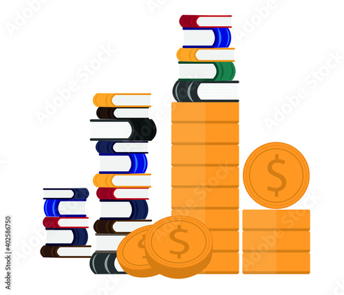 Graduation cost or expensive education or scholarship loan vector, book money stack, education budget or college idea, college tuition fee, profit or earnings.
