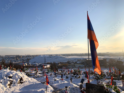 Yerablur Military Pantheon is a military cemetery located on a hilltop in the outskirts of Yerevan, Armenia photo