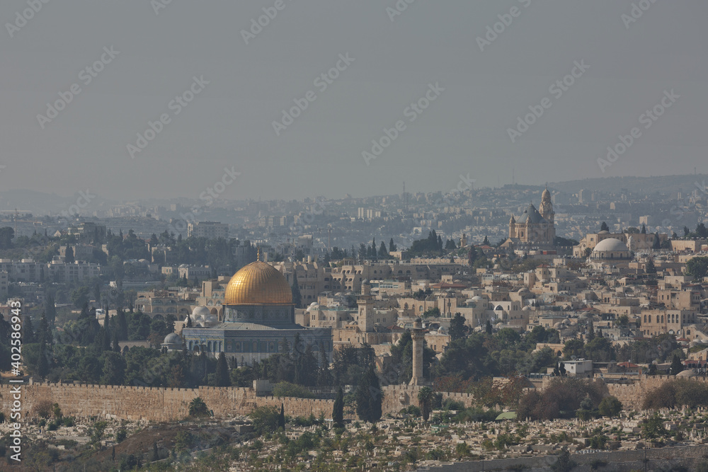 View of the old city of Jerusalem in Israel. The Dome of the Rock (Qubbet el-Sakhra) is one of the greatest of Islamic monuments, it was built by Abd el-Malik