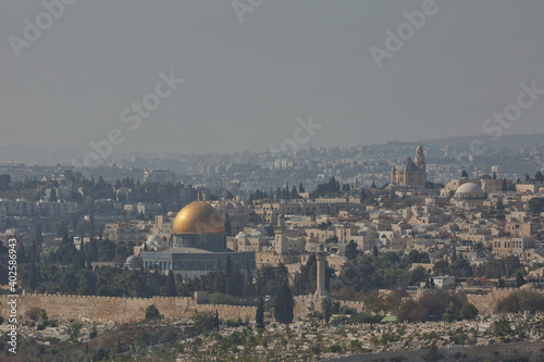 View of the old city of Jerusalem in Israel. The Dome of the Rock (Qubbet el-Sakhra) is one of the greatest of Islamic monuments, it was built by Abd el-Malik