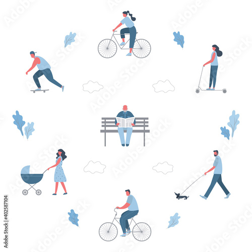 Summer people activities in park. Men and women are resting: ride a bicycle, skateboard, walk with a baby stroller, read a newspaper,  walk a dog. Healthy lifestyle concept. Flat style. Vector