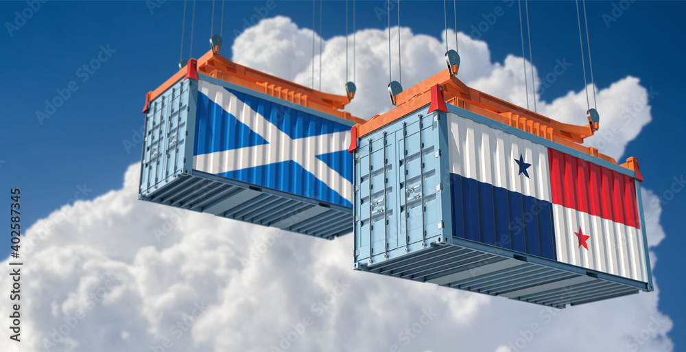 Freight containers with Scotland and Panama national flags. 3D Rendering 
