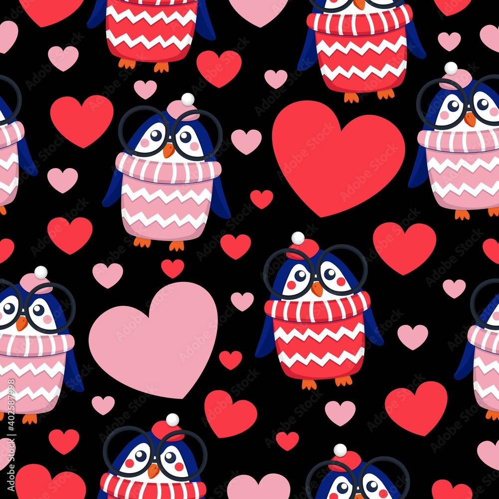 St Valentine’s Day. Seamless pattern with hearts and blue baby penguins in pink, red, white hats and sweaters. Child in glasses. Black background. Wallpaper, textile, scrapbooking and wrapping paper St Valentine’s Day. Seamless pattern with hearts and blue baby penguins in pink, red, white hats and sweaters. Child in glasses. Black background. Wallpaper, textile, scrapbooking and wrapping paper