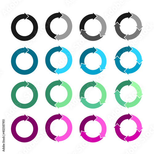 Circle arrows set in different colors rotating on white background. Refresh, reload, recycle, loop rotation, sign collection. Colorful arrows for UI UX design. Vector illustration, flat, clip art.