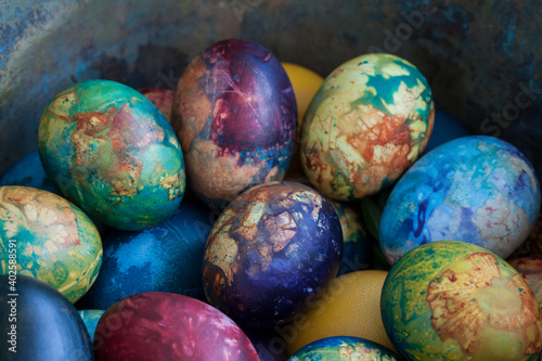 Easter eggs, Paschal eggs, decorated with spring flowers, herbs , onions skin and natural colors - to celebrate Easter. Its old tradition in Lithuania, Eastern Europe