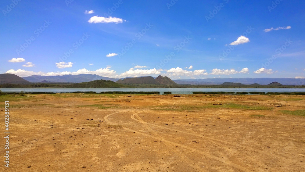 Scenic view of Lake Elementaita against the background of sleeping warrior Hill in Naivasha, Keny Scenic view of Lake Elementaita against the background of sleeping warrior Hill in Naivasha, Keny