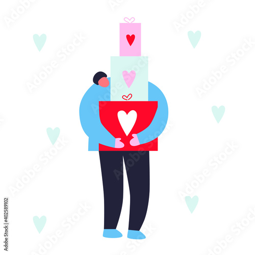 Young man with gifts and valentines. Cartoon flat people vector. Valentine's Day. Happy loving couples icons. Winter holidays people illustration. Love. Relationship