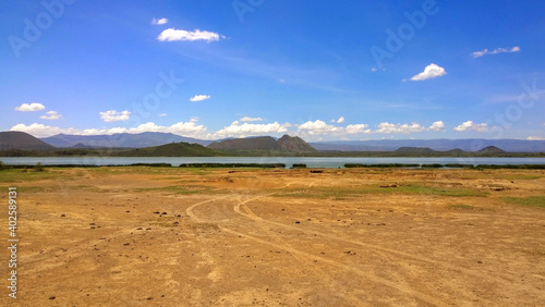 Scenic view of Lake Elementaita against the background of sleeping warrior Hill in Naivasha  Keny 