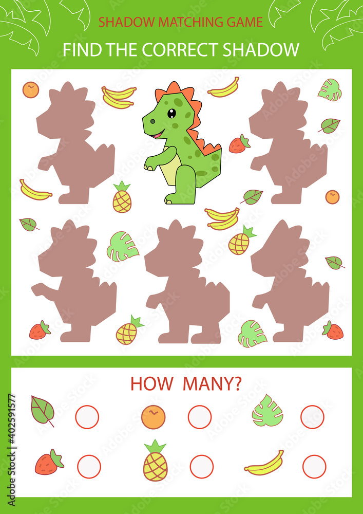 Shadow matching game. Find the correct shadow cartoon dinosaur tyrannosaurus. Funny children riddle. Activity page for child. Kids mathematic count game. Birthday decor. Vector illustration.