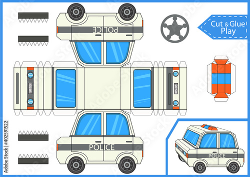 Cut and glue a cartoon police car. Worksheet with education riddle. Children art game. Kids crafts activity page. Create paper toys car yourself. Vector illustration