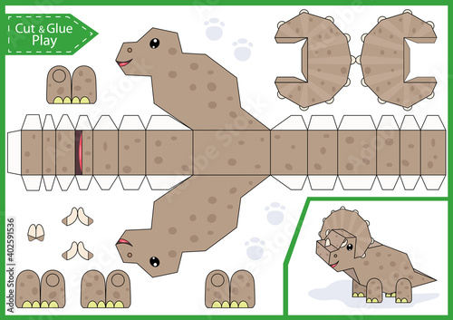 Fototapeta Naklejka Na Ścianę i Meble -  Cut and glue the 3d paper dinosaur Triceratops. Worksheet with funny education riddle. Children craft game. Kids activity page. Birthday party decoration. Vector illustration.