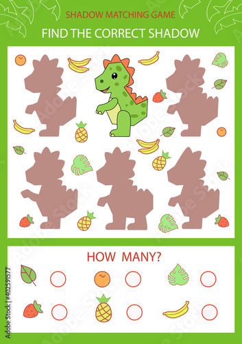Shadow matching game. Find the correct shadow cartoon dinosaur tyrannosaurus. Funny children riddle. Activity page for child. Kids mathematic count game. Birthday decor. Vector illustration. © Betswork
