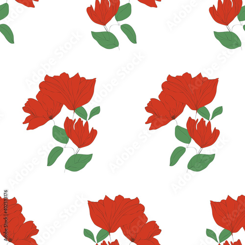 Blossom floral seamless pattern. Blooming botanical motifs scattered random. Hand drawn red flowers with leaves on white background. Color vector texture for fashion, fabric, wallpaper, print. 