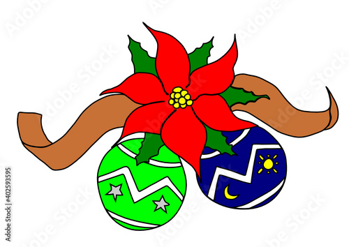 Adorno navideño con esferas, listón y nochebuena