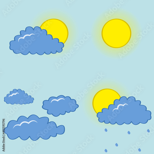 Weather signs and symbols. Good weather. Sunny, clouds, little rain. illustration