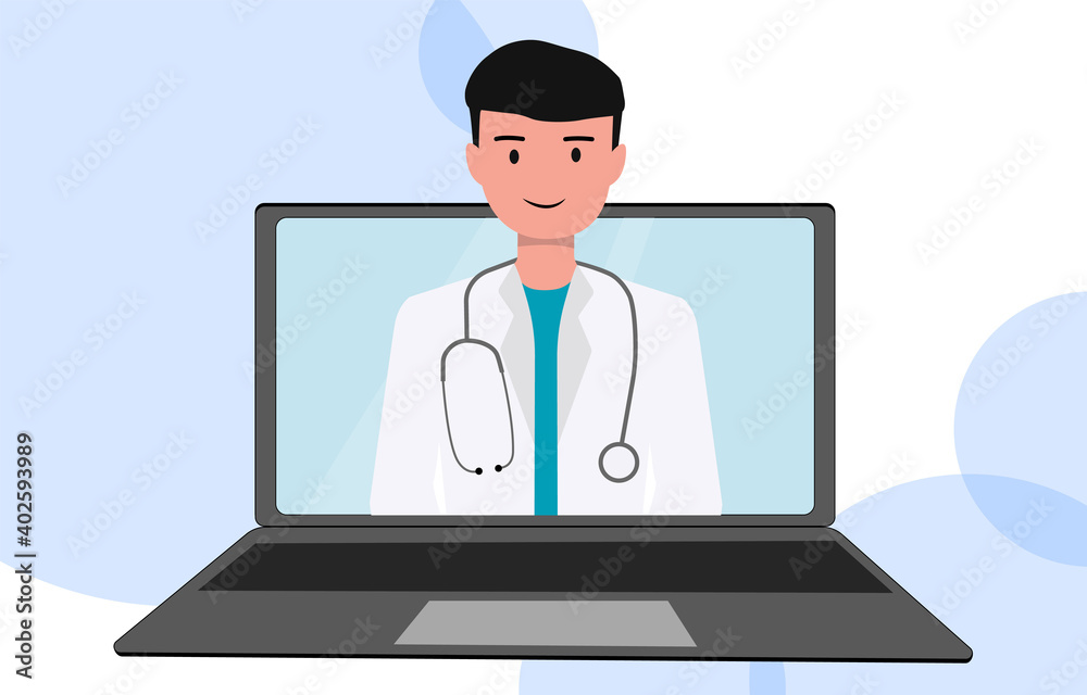 Online consultation with a doctor. The doctor looks from the laptop screen. Coronavirus consultation, treatment at home. illustration