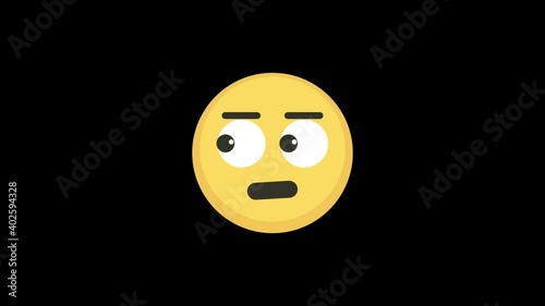 Animation of a grinning yellow rolling eyes up emoji isolated on black background. Positive emotions concept. Alpha channel.