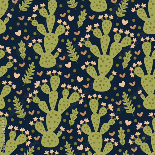 Vector seamless pattern with different cactus. Bright repeated texture with green cacti. Natural hand drawing background with desert plants. Ideal for posters, children room decoration, etc