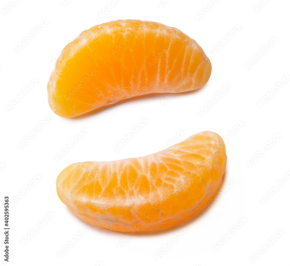 beautiful tangerine wedges, isolated on white background
