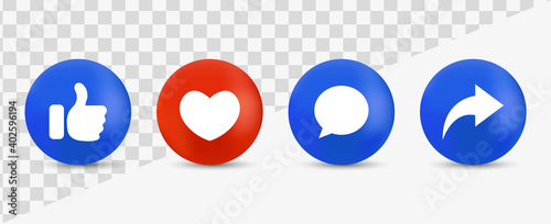 Like love comment share buttons in modern style - 3d social media notification icons, Thumb up and heart icon. like, forward, comment repost icon