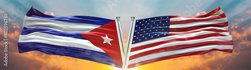 Canvas Print Double Flag United States of America vs Cuba flag waving flag with texture sky c