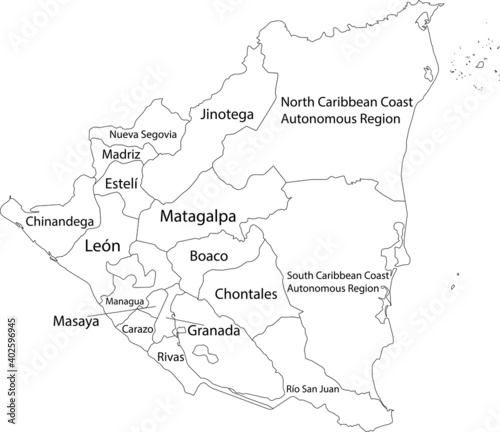 White vector map of Nicaragua with black borders and names of it's departments