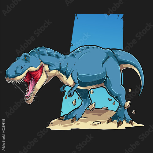 Illustration of Blue angry Tyrannosaurus T Rex, Dinosaur Monster, Blue roaring tyrannosaurus. Prehistoric carnivorous dinosaur. 