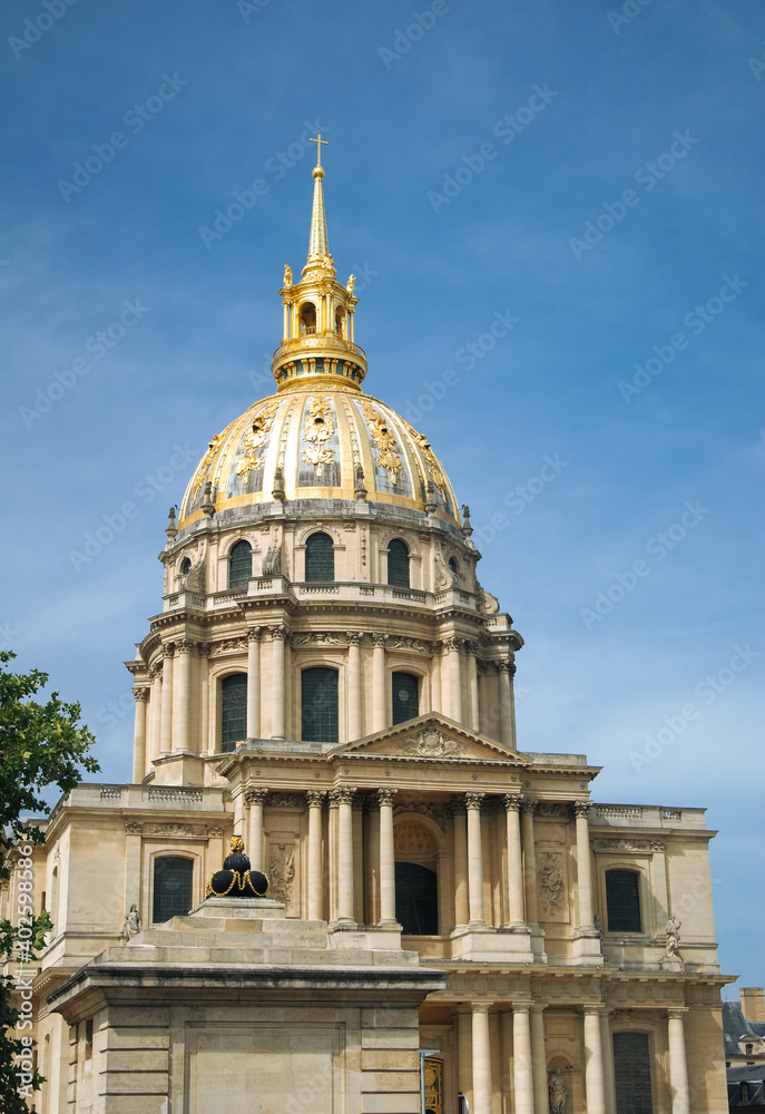 Palais des Invalides in Paris, France. Bottom view against the blue sky.