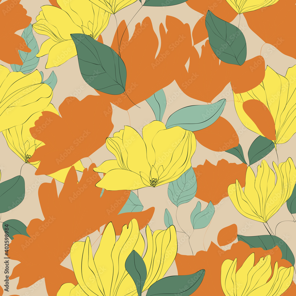 Blossom floral seamless pattern. Blooming botanical motifs with silhouettes on light backdrop. Color vector texture for fashion, fabric, wallpaper, print. Hand drawn yellow flowers on beige background