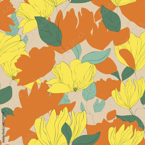 Blossom floral seamless pattern. Blooming botanical motifs with silhouettes on light backdrop. Color vector texture for fashion  fabric  wallpaper  print. Hand drawn yellow flowers on beige background