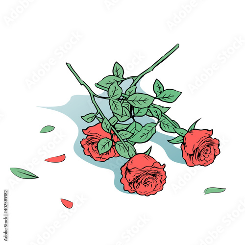 Thrown red roses on the floor. Rejected gift bouquet. Unhappy love symbol. Vector isolated pop art illustration. 