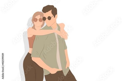 Portrait of smiling beautiful girl and her handsome boyfriend laughing, happy cheerful couple in sunglasses