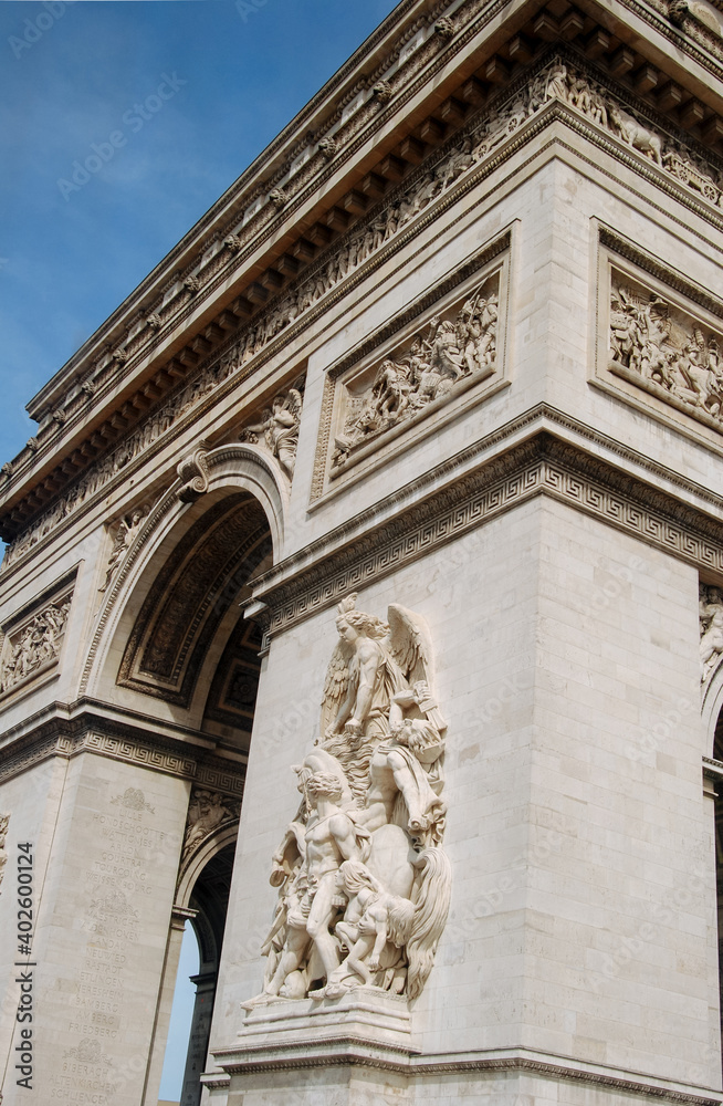 Fragment with stucco and sculptures of the Triumphal Arch in Paris, France.