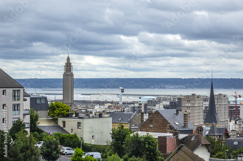 Panoramic view of Le Havre from Hanging gardens  Jardins Suspendus . Port of Le Havre with portal cranes and containers on the background. Le Havre  France.