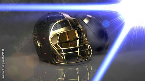 Black Leather - Metallic Gold American Football Ball and blue star light flare with gold-black helmet. 3D illustration. 3D CG. 3D high quality rendering.