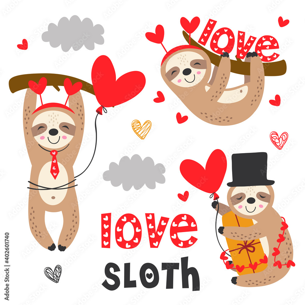 Fototapeta premium set of isolated love sloth with gifts