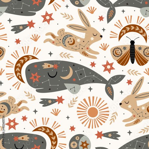 seamless pattern with celestial cachalot hare moth
