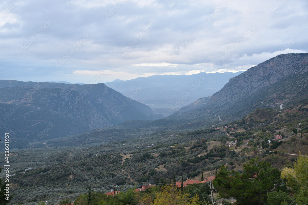 View of the main monuments of Greece. Ruins of ancient Delphi. Oracle of Delphi. Mount Parnassus
