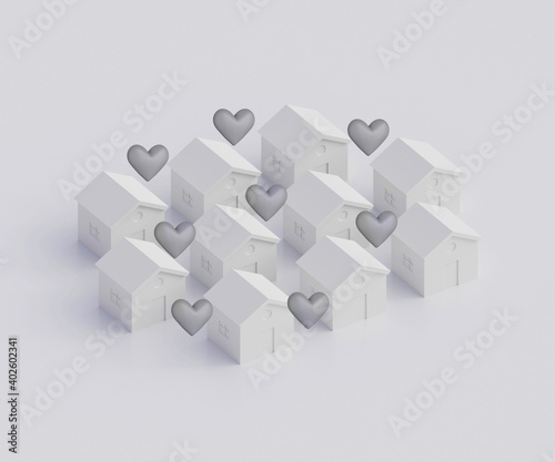 Many white houses with hearts over roofs  beloved family home concept  native city  3d illustration