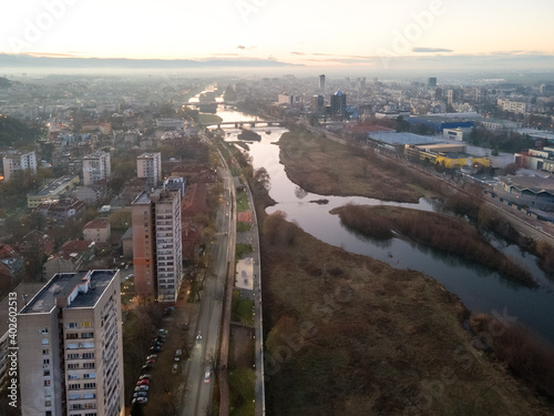 Maritsa river and panorama to City of Plovdiv, Bulgaria