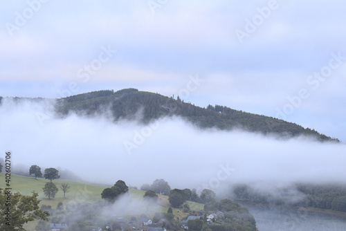 Canvas Print cold misty morning landscape of a lake in the belgian ardennes the reservoir in